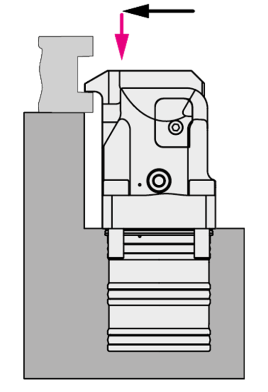 The innovation lies in the unique, patented kinematics- the clamping lever first moves horizontally towards the workpiece and then clamps vertically downwards (photo- ROEMHELD)